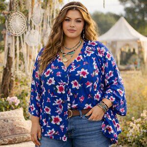 Basic Editions Womens Blue Floral Long Sleeve Button Vneck Top Plus Size 3X Boho